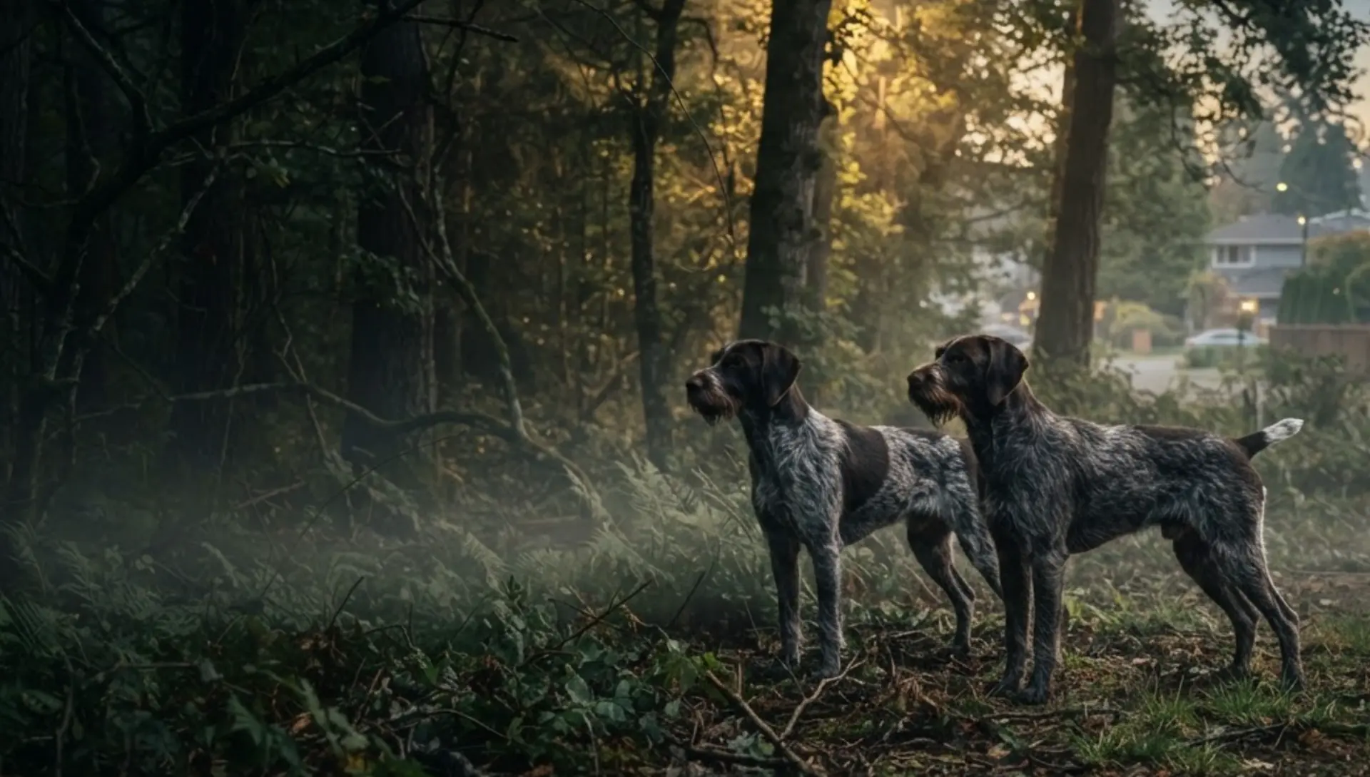Two working dogs at dawn in the forest